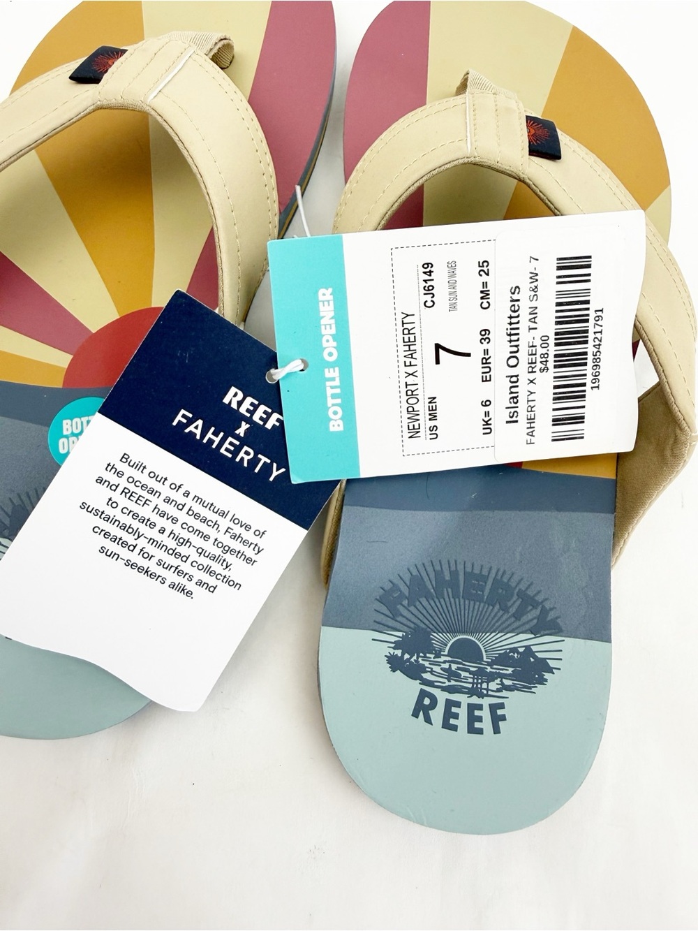 Faherty X Reef Sun And Waves Eva Unisex Flip Flops Bottle Opener Tan Newport - Picture 9 of 13